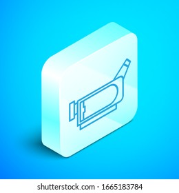 Isometric line Cinema camera icon isolated on blue background. Video camera. Movie sign. Film projector. Silver square button. Vector Illustration
