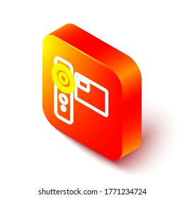 Isometric line Cinema camera icon isolated on white background. Video camera. Movie sign. Film projector. Orange square button. Vector Illustration