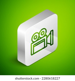 Isometric line Cinema camera icon isolated on green background. Video camera. Movie sign. Film projector. Silver square button. Vector
