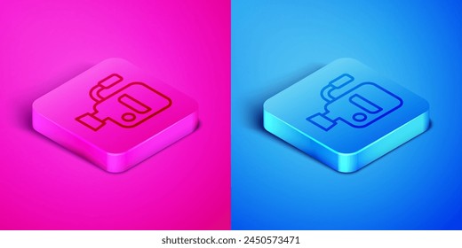 Isometric line Cinema camera icon isolated on pink and blue background. Video camera. Movie sign. Film projector. Square button. Vector