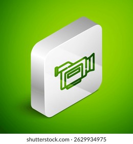 Isometric line Cinema camera icon isolated on green background. Video camera. Movie sign. Film projector. Silver square button. Vector