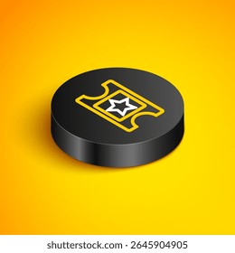 Isometric line Cinema ticket icon isolated on yellow background. Black circle button. Vector