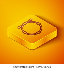 Isometric line Circle banner with Bezier curve icon isolated on orange background. Pen tool icon. Yellow square button. Vector Illustration