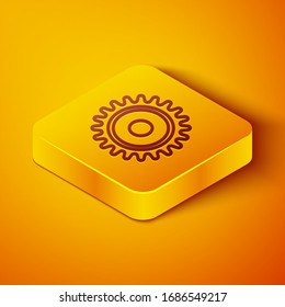Isometric line Circular saw blade icon isolated on orange background. Saw wheel. Yellow square button. Vector Illustration