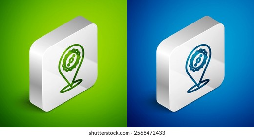 Isometric line Circular saw blade icon isolated on green and blue background. Saw wheel. Silver square button. Vector