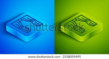 Isometric line Circus curtain raises icon isolated on blue and green background. For theater or opera scene backdrop, concert grand opening or cinema premiere. Square button. Vector