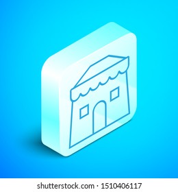 Isometric line Circus tent icon isolated on blue background. Carnival camping tent. Amusement park. Silver square button. Vector Illustration