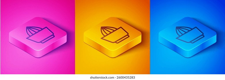 Isometric line Citrus fruit juicer icon isolated on pink and orange, blue background. Square button. Vector