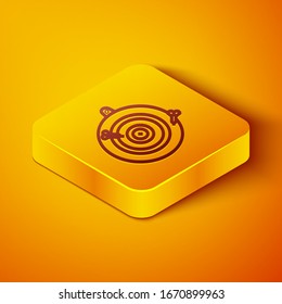 Isometric line Classic dart board and arrow icon isolated on orange background. Dartboard sign. Game concept. Yellow square button. Vector Illustration
