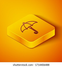 Isometric line Classic elegant opened umbrella icon isolated on orange background. Rain protection symbol. Yellow square button. Vector Illustration