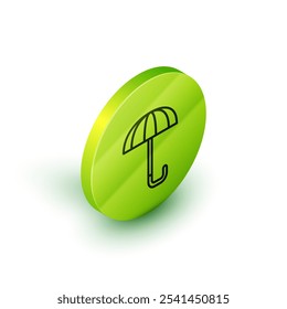 Isometric line Classic elegant opened umbrella icon isolated on white background. Rain protection symbol. Green circle button. Vector