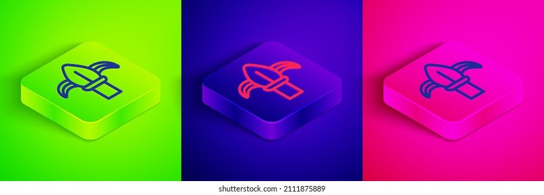 Isometric line Classic iron fence with metal pillars icon isolated on green, blue and pink background. Ancient wrought iron fence. Square button. Vector