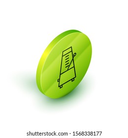 Isometric line Classic Metronome with pendulum in motion icon isolated on white background. Equipment of music and beat mechanism. Green circle button. Vector Illustration
