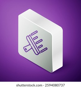 Isometric line Cleaning service with of rubber cleaner for windows icon isolated on purple background. Squeegee, scraper, wiper. Silver square button. Vector