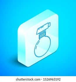 Isometric line Cleaning spray bottle with detergent liquid icon isolated on blue background. Silver square button. Vector Illustration