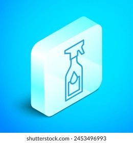 Isometrische Linie Reinigungs-Sprühflasche mit Reinigungsmittel-Flüssigkeitsikon isoliert auf blauem Hintergrund. Silbernes quadratisches Button. Vektorgrafik
