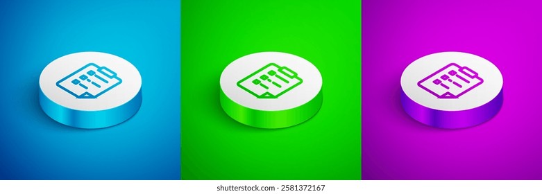 Isometric line Clipboard with checklist icon isolated on blue, green and purple background. Control list symbol. Survey poll or questionnaire feedback form. White circle button. Vector