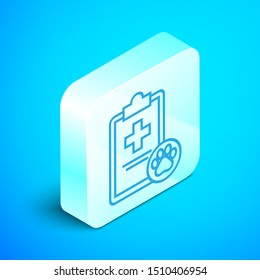 Isometric line Clipboard with medical clinical record pet icon isolated on blue background. Health insurance form. Medical check marks report. Silver square button. Vector Illustration