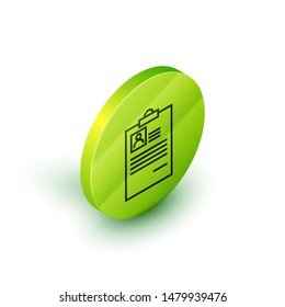 Isometric line Clipboard with resume icon isolated on white background. CV application. Curriculum vitae, job application form with profile photo.  Green circle button. Vector Illustration