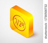 Isometric line Clock 24 hours icon isolated on grey background. All day cyclic icon. 24 hours service symbol. Yellow square button. Vector Illustration