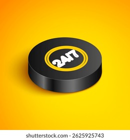 Isometric line Clock 24 hours icon isolated on yellow background. All day cyclic icon. 24 hours service symbol. Black circle button. Vector
