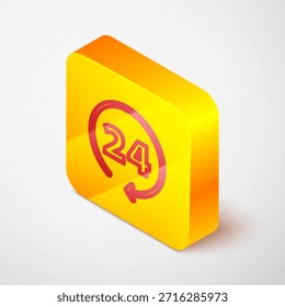 Reloj de línea isométrica 24 horas icono aislado sobre fondo gris. Todo el día icono cíclico. Símbolo de servicio 24 horas. Botón cuadrado amarillo. Vector