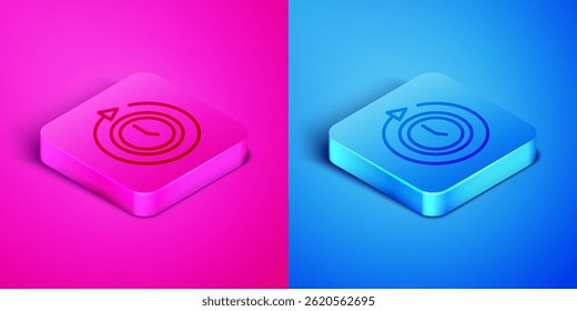 Isometric line Clock with arrow icon isolated on pink and blue background. Time symbol. Clockwise rotation icon arrow and time. Square button. Vector