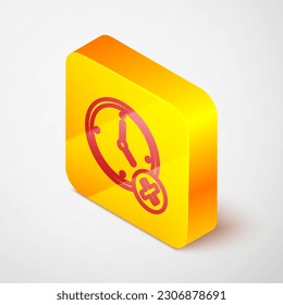 Isometric line Clock delete icon isolated on grey background. Time symbol. Yellow square button. Vector