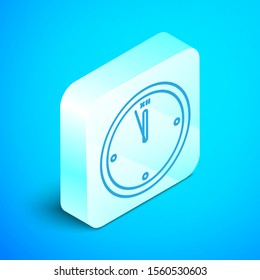 Isometric line Clock icon isolated on blue background. Time symbol. Merry Christmas and Happy New Year. Silver square button. Vector Illustration