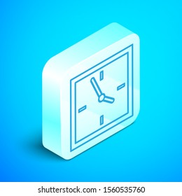 Isometric line Clock icon isolated on blue background. Time symbol. Silver square button. Vector Illustration