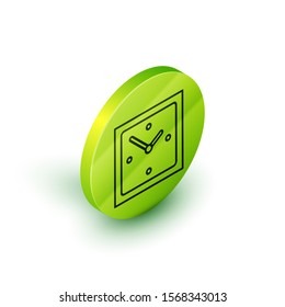Isometric line Clock icon isolated on white background. Time symbol. Green circle button. Vector Illustration