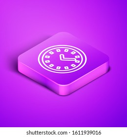 Isometric line Clock icon isolated on purple background. Time symbol. Purple square button. Vector Illustration