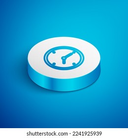 Isometrische Linie Uhrsymbol einzeln auf blauem Hintergrund. Zeitsymbol. Weißer Kreis-Knopf. Vektorgrafik