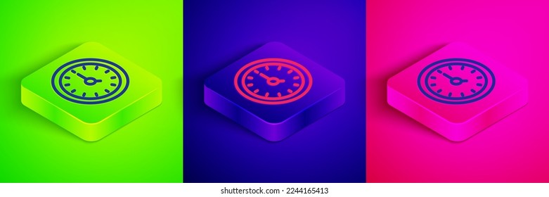 Isometric line Clock icon isolated on green, blue and pink background. Time symbol. Square button. Vector