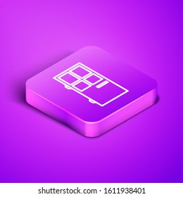 Isometric line Closed door icon isolated on purple background. Purple square button. Vector Illustration