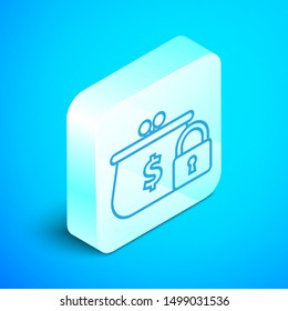 Isometric line Closed wallet with lock icon isolated on blue background. Locked wallet. Security, safety, protection concept. Concept of a safe payment. Silver square button. Vector Illustration
