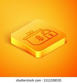 Isometric line Closed wallet with lock icon isolated on orange background. Locked wallet. Security, safety, protection concept. Concept of a safe payment. Orange square button. Vector Illustration