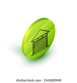 Isometric line Closed warehouse icon isolated on white background. Green circle button. Vector Illustration