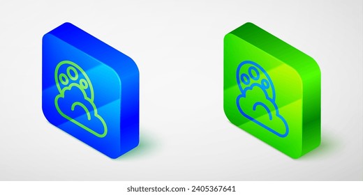 Isometric line Cloud with moon icon isolated on grey background. Cloudy night sign. Sleep dreams symbol. Night or bed time sign. Blue and green square button. Vector
