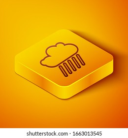 Isometric line Cloud with rain icon isolated on orange background. Rain cloud precipitation with rain drops. Yellow square button. Vector Illustration
