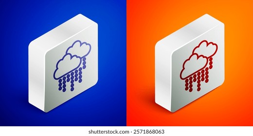 Isometric line Cloud with rain icon isolated on blue and orange background. Rain cloud precipitation with rain drops. Silver square button. Vector