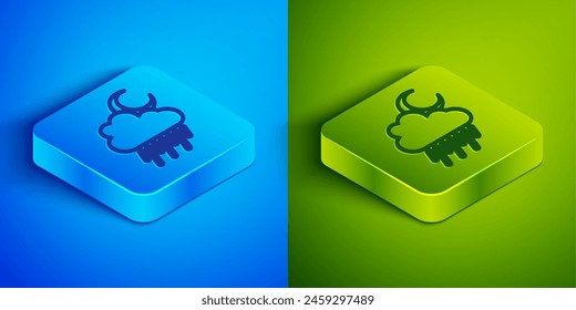 Isometric line Cloud with rain and moon icon isolated on blue and green background. Rain cloud precipitation with rain drops. Square button. Vector