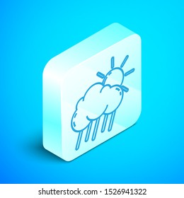 Isometric line Cloud with rain and sun icon isolated on blue background. Rain cloud precipitation with rain drops. Silver square button. Vector Illustration