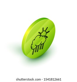 Isometric line Cloud with rain and sun icon isolated on white background. Rain cloud precipitation with rain drops. Green circle button. Vector Illustration