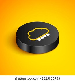 Isometric line Cloud with snow icon isolated on yellow background. Cloud with snowflakes. Single weather icon. Snowing sign. Black circle button. Vector