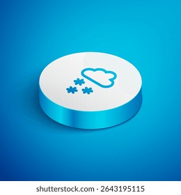 Isometric line Cloud with snow icon isolated on blue background. Cloud with snowflakes. Single weather icon. Snowing sign. White circle button. Vector