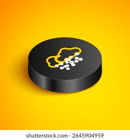 Isometric line Cloud with snow icon isolated on yellow background. Cloud with snowflakes. Single weather icon. Snowing sign. Black circle button. Vector