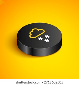 Isometric line Cloud with snow icon isolated on yellow background. Cloud with snowflakes. Single weather icon. Snowing sign. Black circle button. Vector