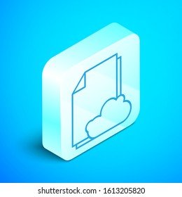 Isometric line Cloud storage text document icon isolated on blue background. Silver square button. Vector Illustration