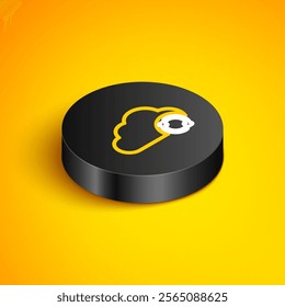 Isometric line Cloud sync refresh icon isolated on yellow background. Cloud and arrows. Black circle button. Vector